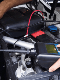 Man holding Battery Tester Voltmeter. for maintenance car battery. Do Car Battery Chargers Shut Off Automatically