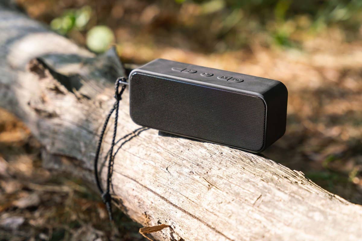 Portable wireless speaker for listening to music on a log in the forest