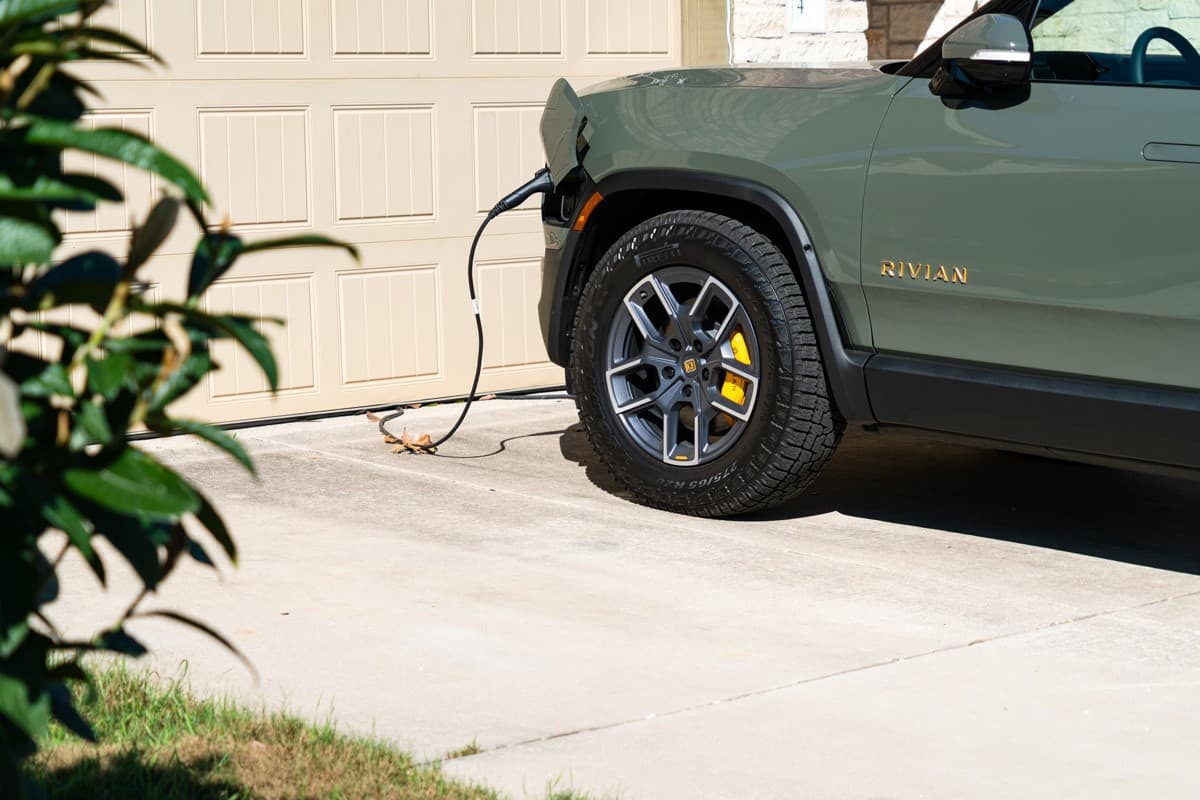  Rivian R1T Electric Pickup Truck Charging at home on a Level 2 home charging station