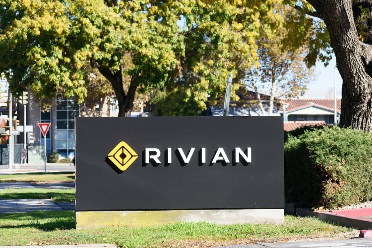Rivian sign logo at headquarters in Silicon Valley.