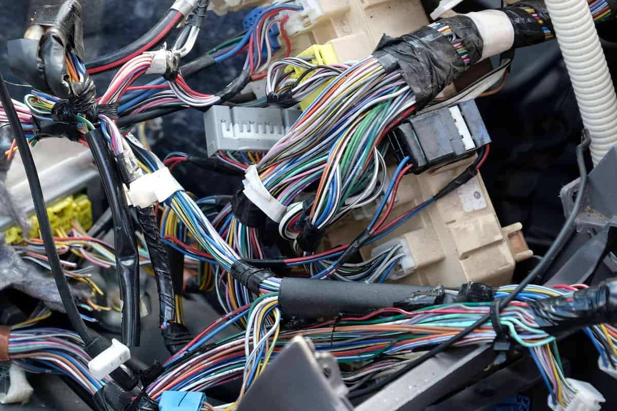 Tangled car wiring and connectors 