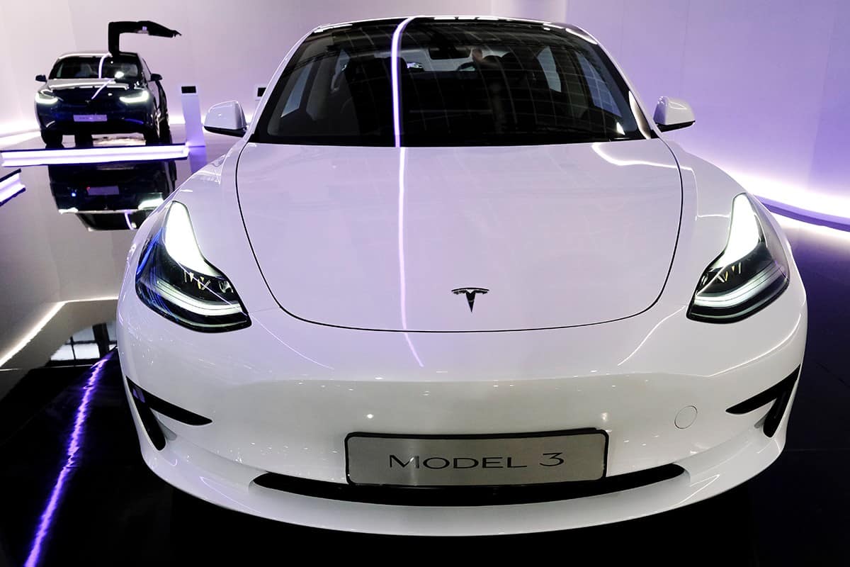 Tesla car on display during the opening of the brussels motor show