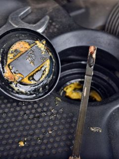 The thick, greasy yellow motor oil under oil cap as signs and symptom of a blown head gasket. Broken a car. - How Long Does It Take To Replace A Head Gasket?