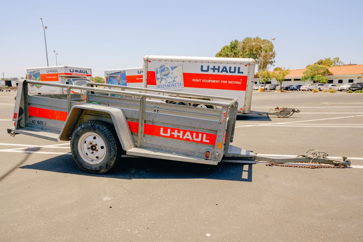 U-Haul moving van garage and parking lot in Santa Maria, California. U-Haul company offers moving and storage solutions.