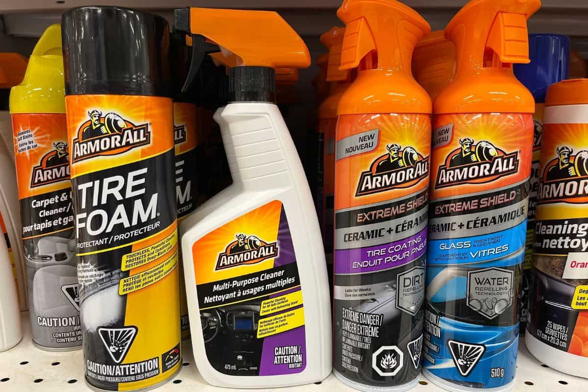 Various Armor All cleaning and maintenance products on display on a store shelf