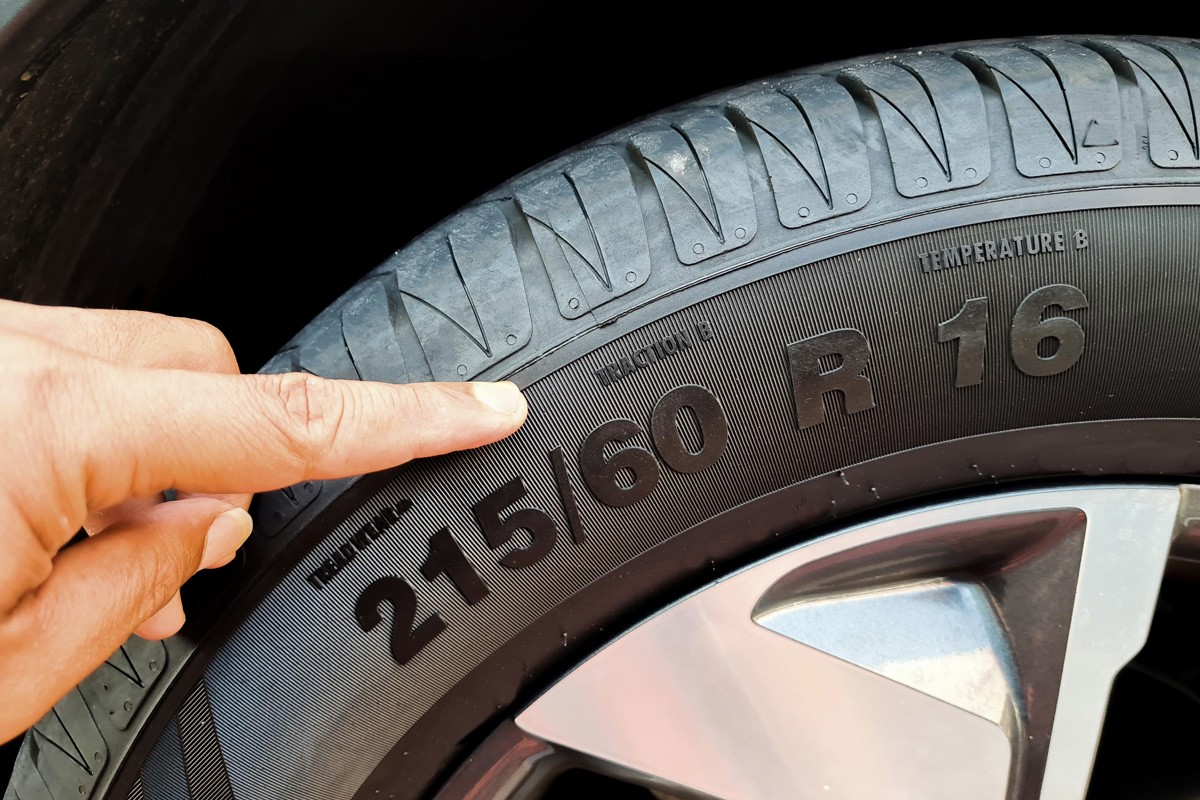 Side view of the tire with the indication of the width of the tire, the height and diameter of the wheel.