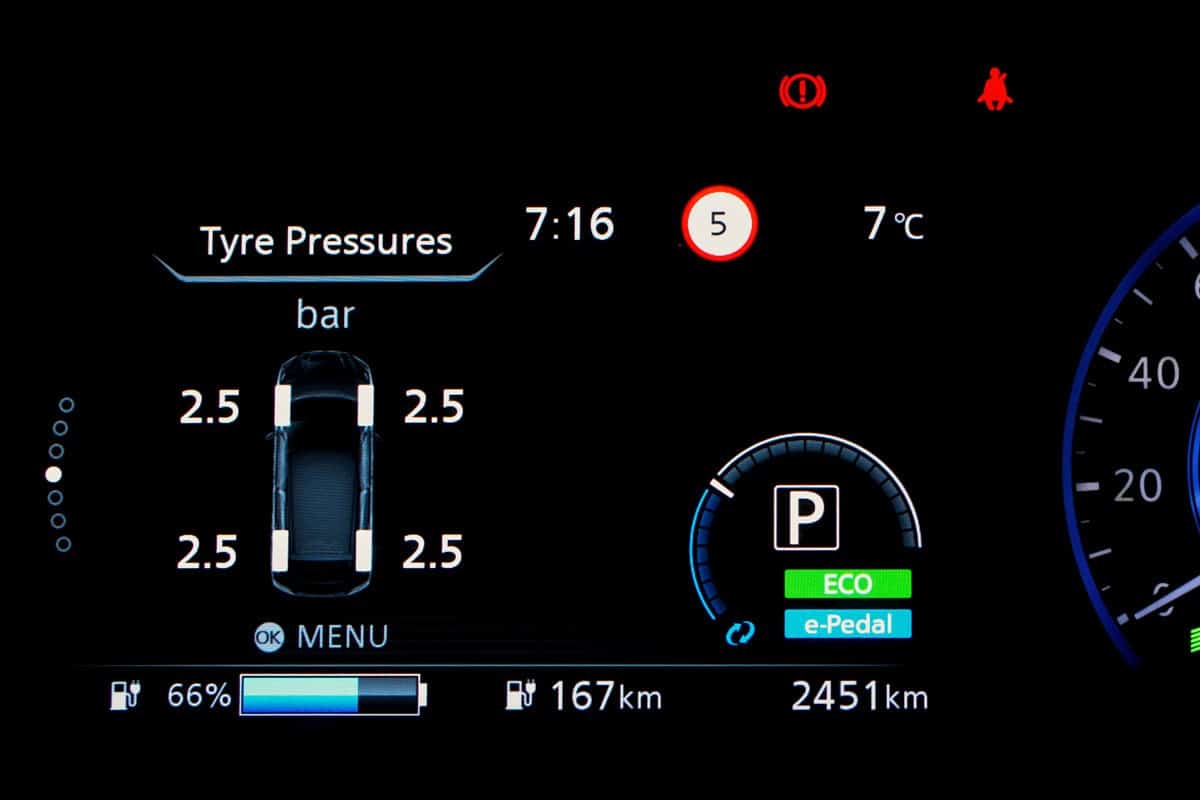 Car dashboard panel in the fully electric vehicle (EV). TPMS (Tyre Pressure Monitoring System) monitoring display on a car counter panel. The pressure measurement given in bar. 