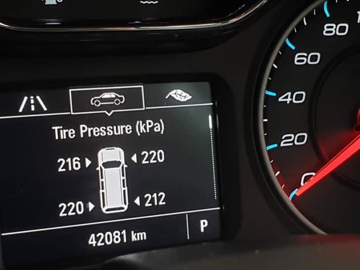 Close up activated TPMS (Tire Pressure Monitoring System) monitoring display on vehicle cluster, Mercedes Says 'Tire Pressure Sensor Missing' - Why? What To Do?