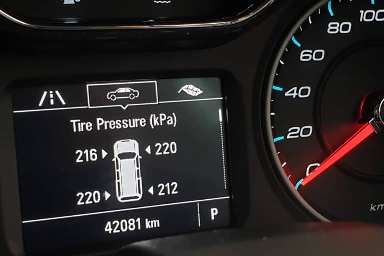 Close up activated TPMS (Tire Pressure Monitoring System) monitoring display on vehicle cluster, Mercedes Says 'Tire Pressure Sensor Missing' - Why? What To Do?
