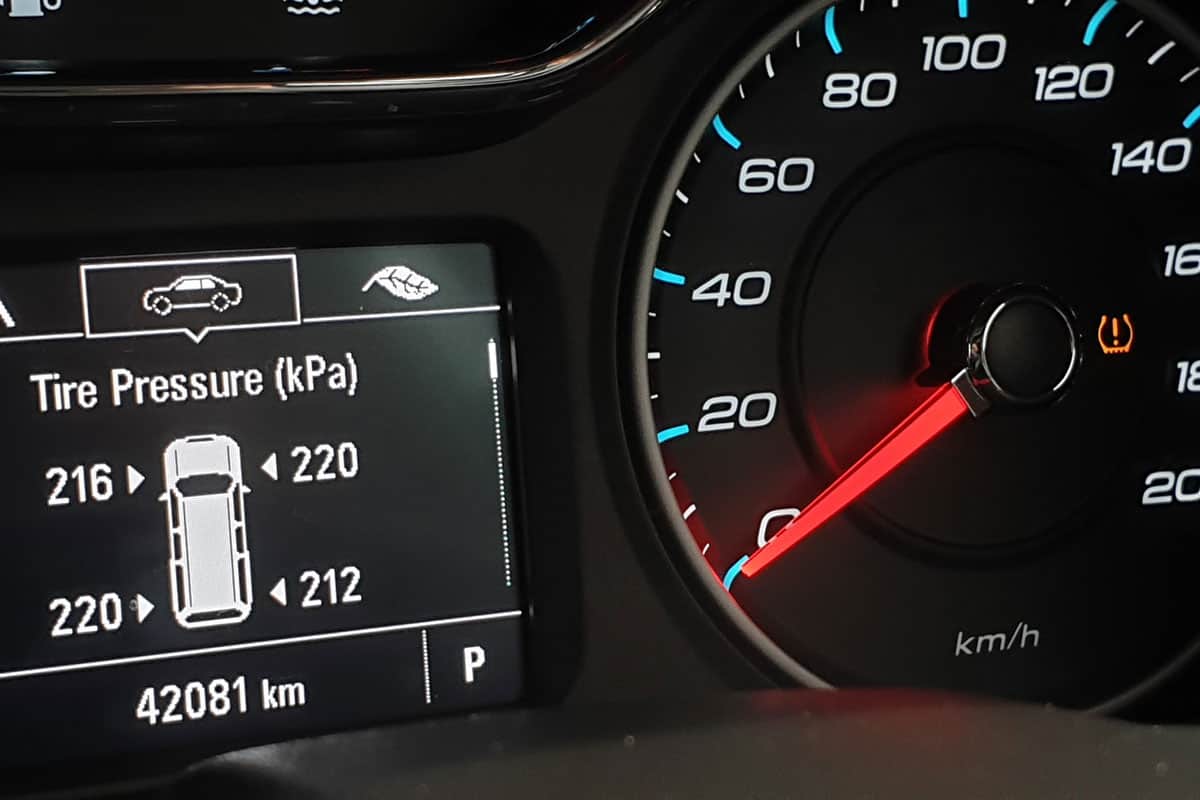Closeup activated TPMS (Tire Pressure Monitoring System) monitoring display on vehicle cluster, Check tire pressure. 