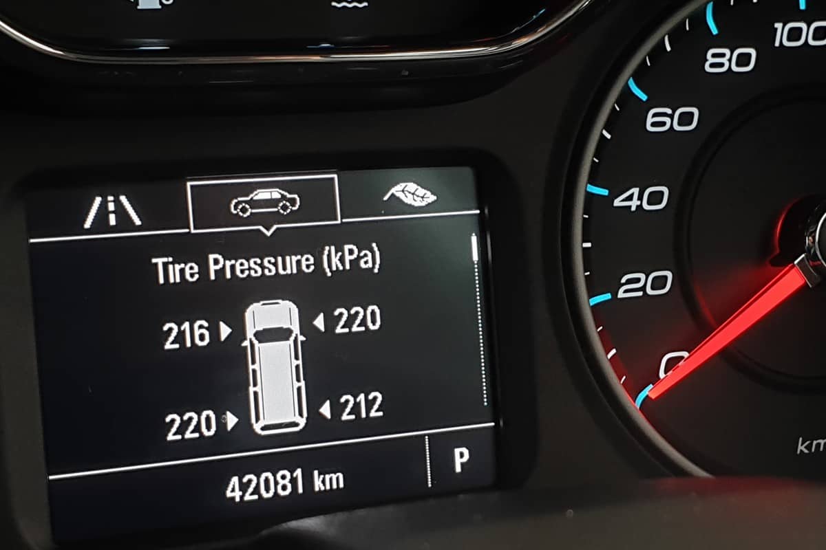 Close up activated TPMS (Tire Pressure Monitoring System) monitoring display on vehicle cluster