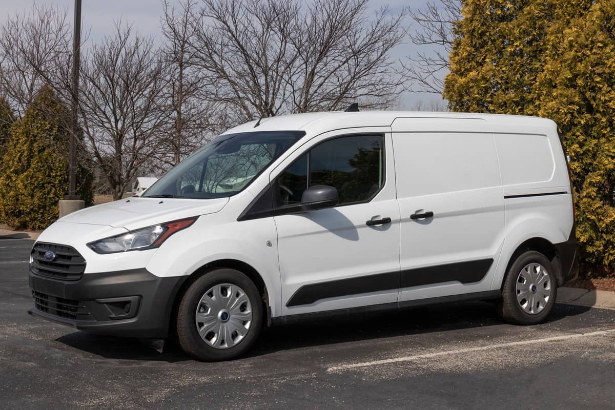 Ford Transit Connect display at a dealership. Ford offers the Transit Connect in XL and XLT Cargo Vans and XLT