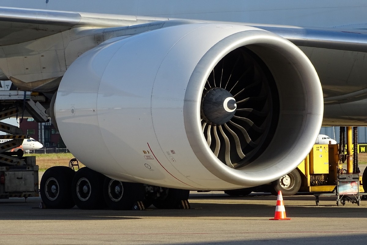 Maastricht, Netherlands - July 29 2020 General Electric GE90-110B1 Engine on a Boeing 777F from Turkish Airlines (Worlds biggest jet engine)