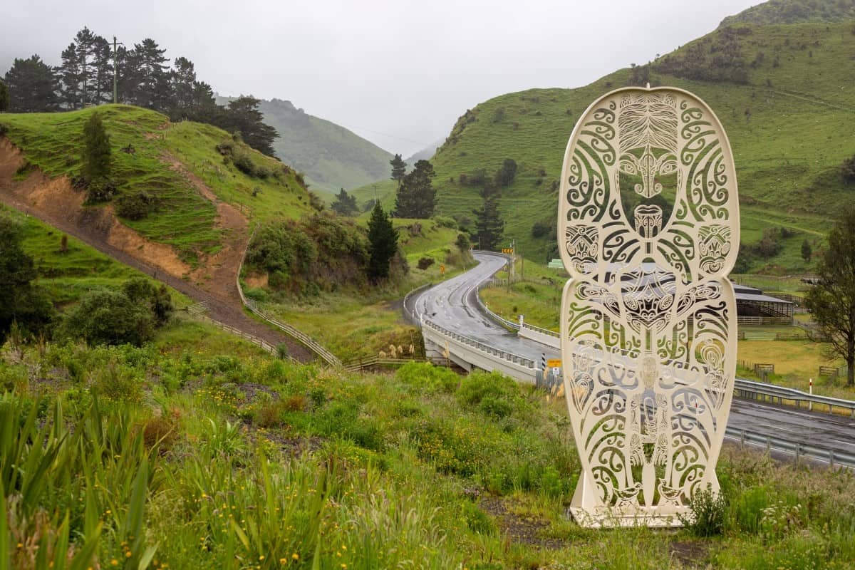 Matawai, North Island, New Zealand, December 12 2021 Hinetapuarau, a seven-metre-tall steel pou installed at State Highway 2 and Te Wera Road intersection, just north of Matawai, welcomes visitors 