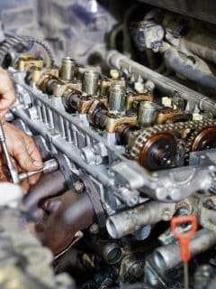 Mechanic hands tighten nut with wrench while repairing engine. - How Long Does It Take To Replace Lifters?
