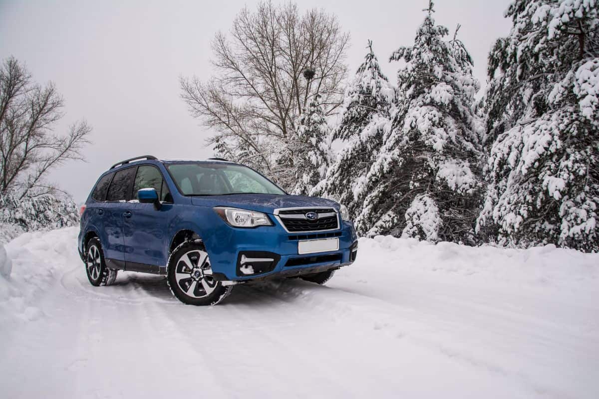 Car Subaru Forester in winter forest