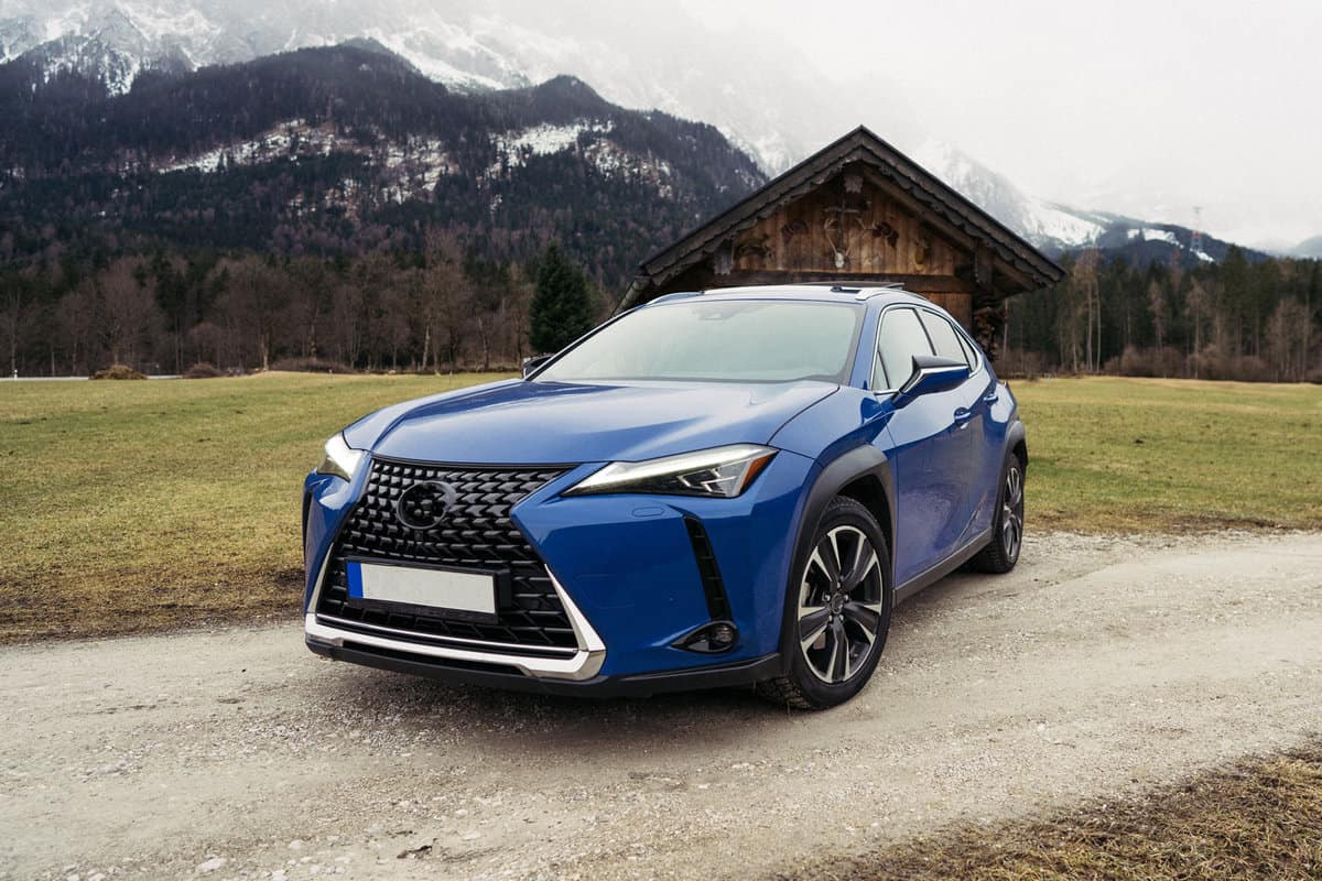 New Lexus UX 250h. Blue hybrid car on road side in nature. Panoramic with copy space. In the background classic wooden cabin and misty mountains. Model year 2019