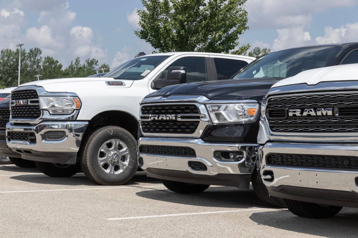 Indianapolis - July 4, 2023: Ram pickup truck display at a Stellantis dealership. Ram provides 1500, 2500, 3500 and 4500 commercial truck models.
